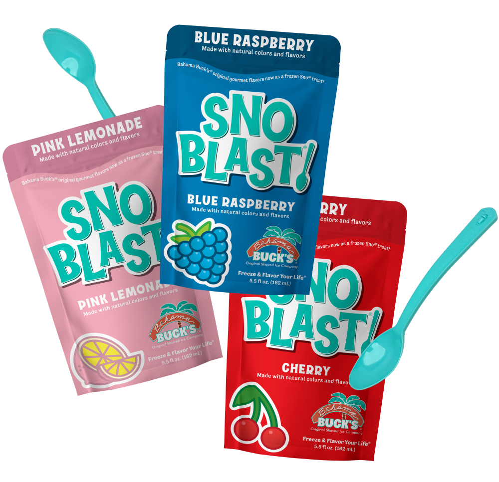 Three pouches of Bahama Buck's SnoBlast
                    frozen treats in Pink Lemonade, Blue Raspberry, and Cherry flavors alongside two light-blue color-changing
                    spoons.